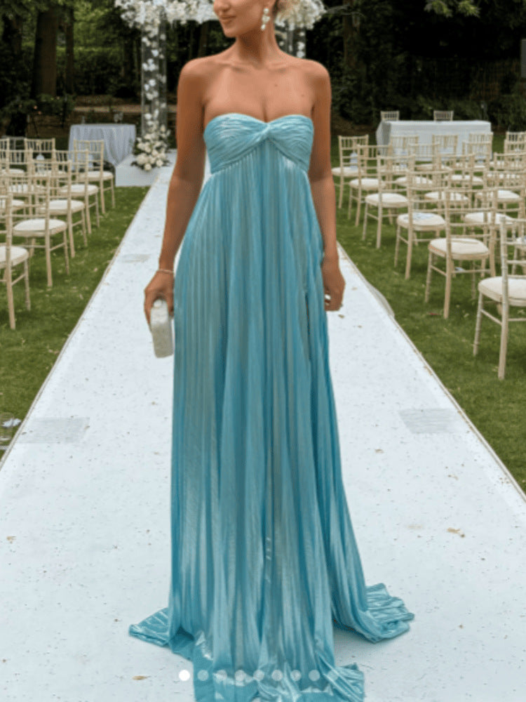 Fabric pleated off-shoulder twisted chest slit floor-length dress