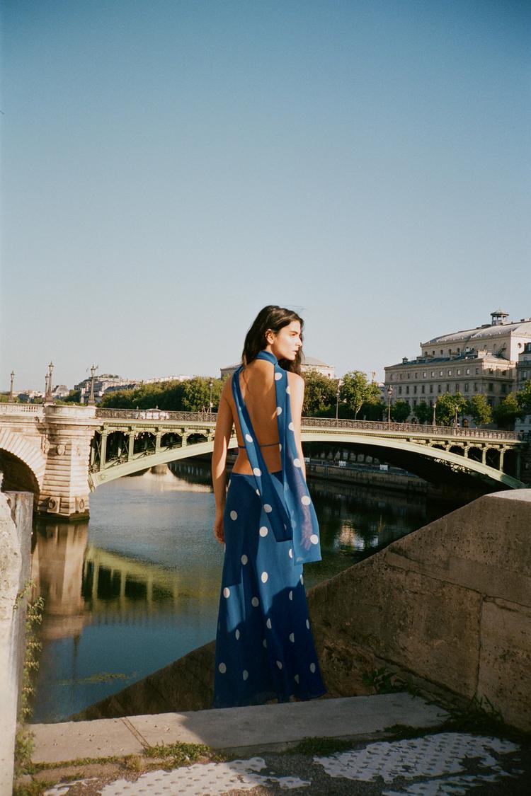 Blue Polka Dot Halter Maxi Dress