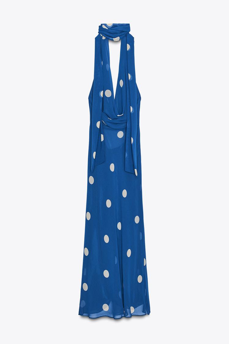 Blue Polka Dot Halter Maxi Dress