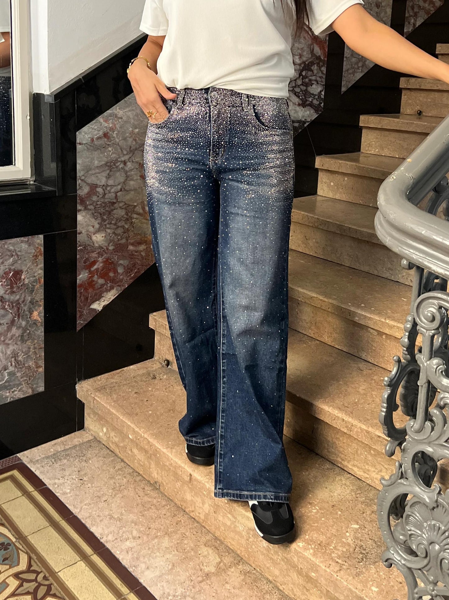 Wide Leg Strass Glitter Sparkly High Waist Jeans