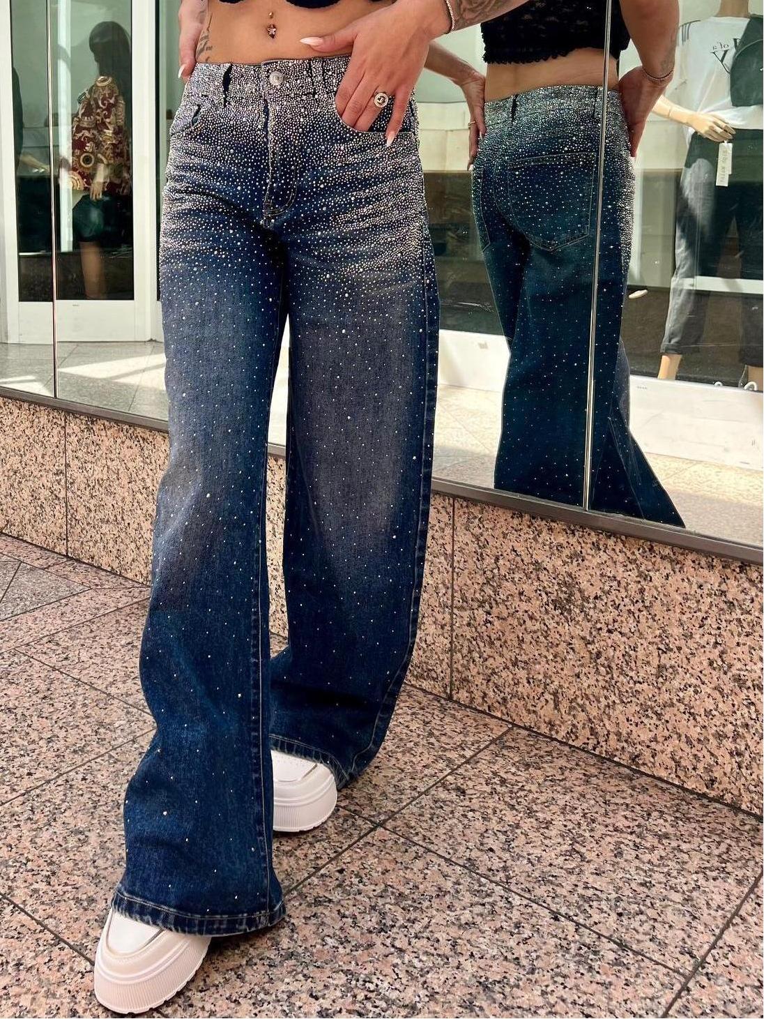 Wide Leg Strass Glitter Sparkly High Waist Jeans