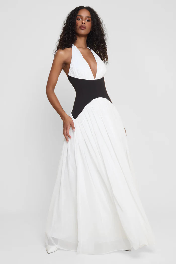 Chic Black & White Halter Maxi Dress