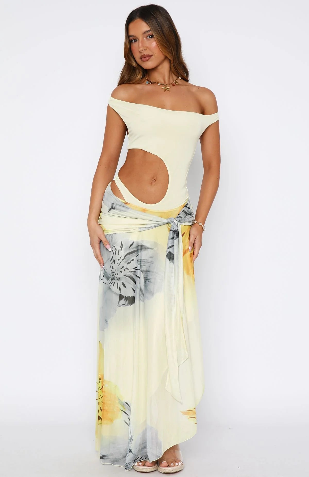 Lemon Bloom Strapless Ruffle Maxi Dress