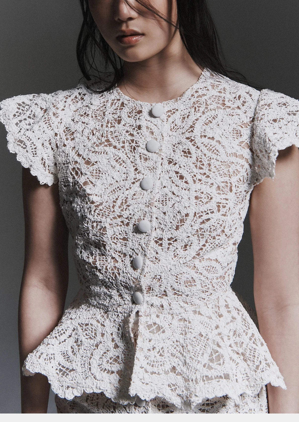 Semi-Sheer Lace Short Sleeve Button Top