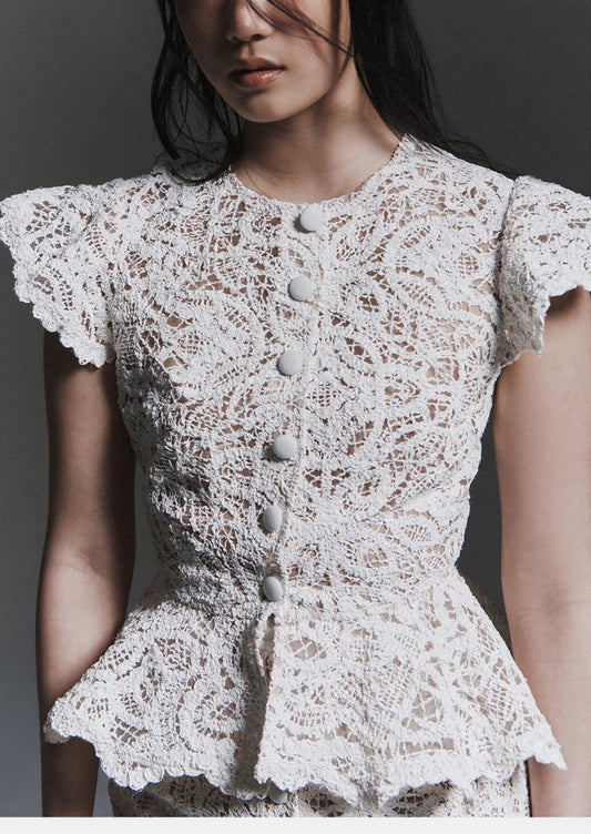Semi-Sheer Lace Short Sleeve Button Top