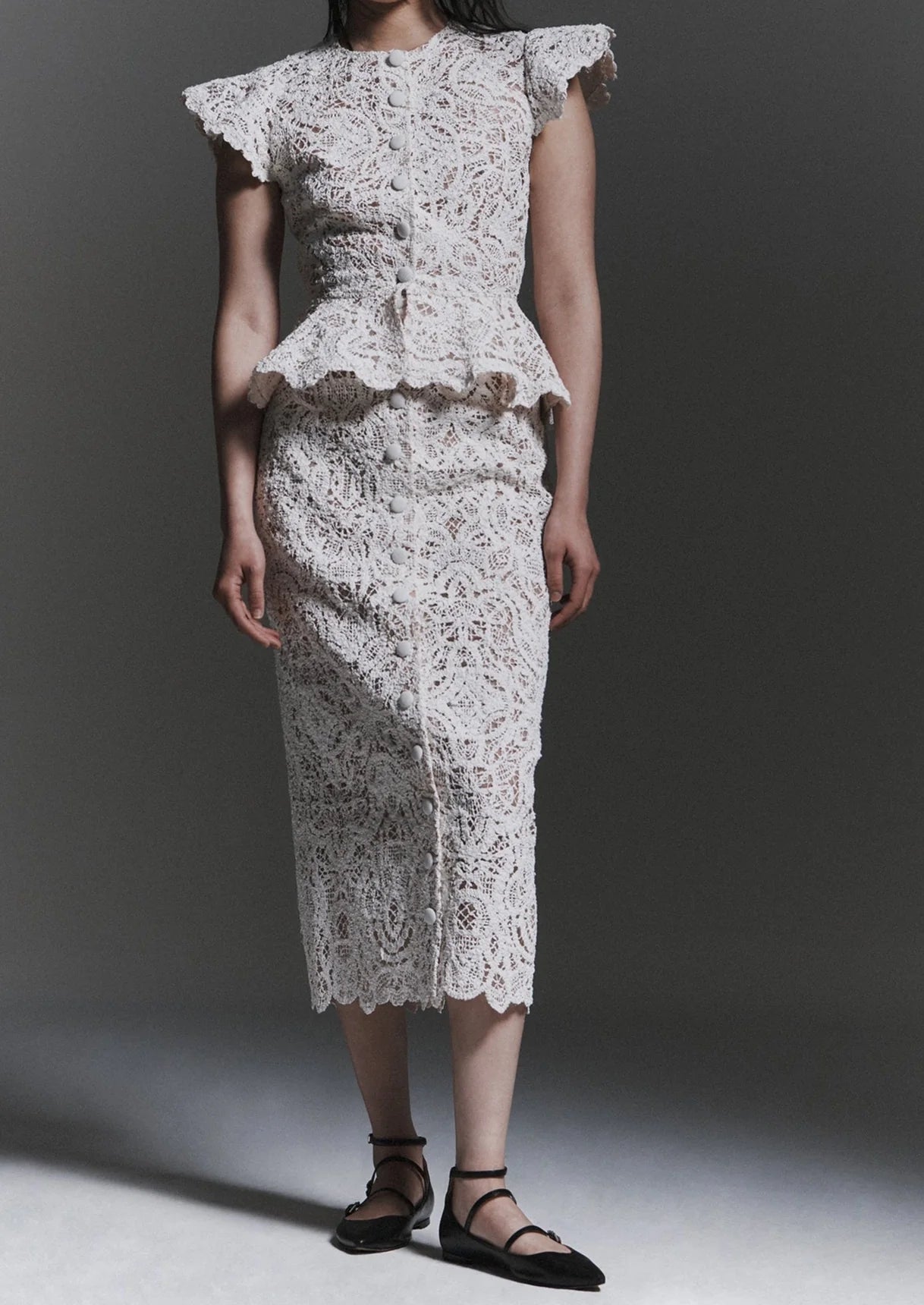 Semi-Sheer Lace Short Sleeve Button Top