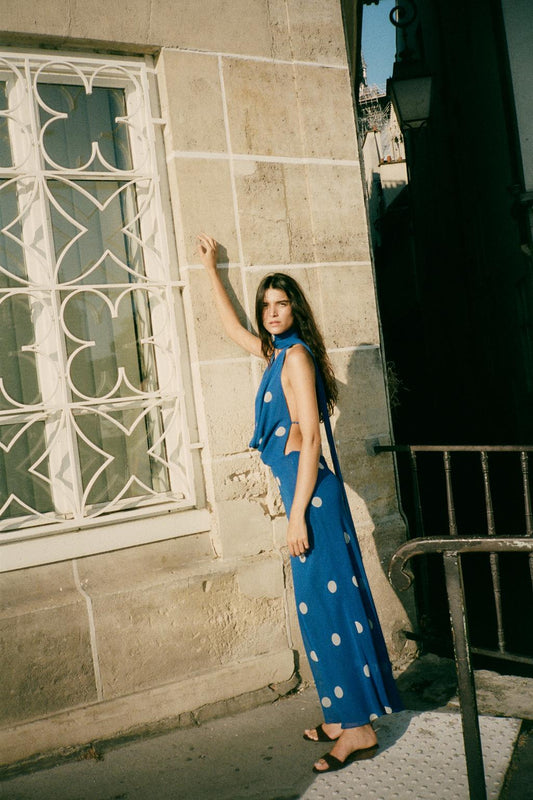 Blue Polka Dot Halter Maxi Dress