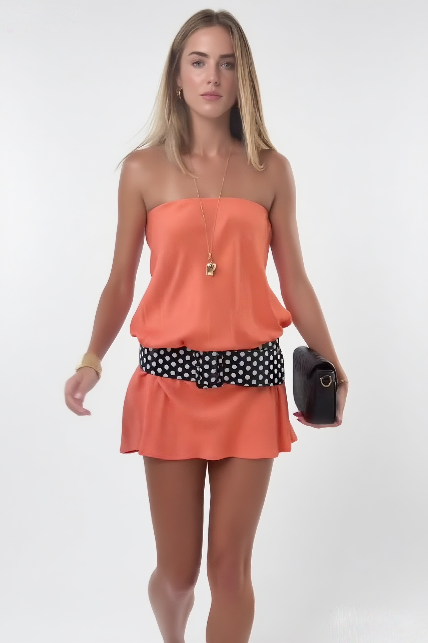 Strapless Coral Dress with Polka Dot Belt