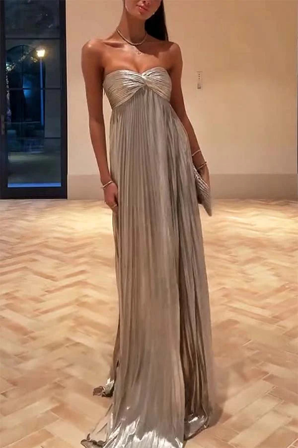 Fabric pleated off-shoulder twisted chest slit floor-length dress