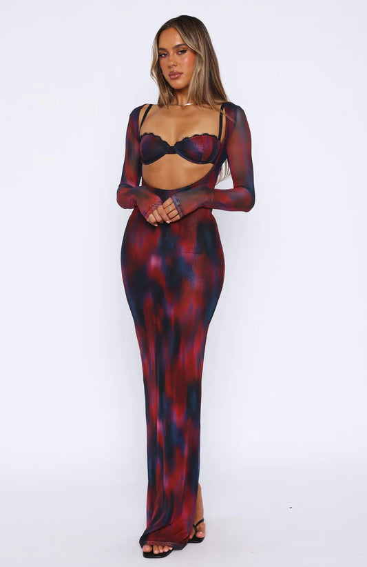 Sheer Mesh Cutout Bodycon Maxi Dress