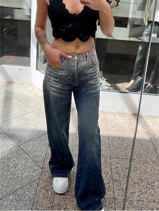 Wide Leg  Strass Glitter Sparkly High Waist  Jeans