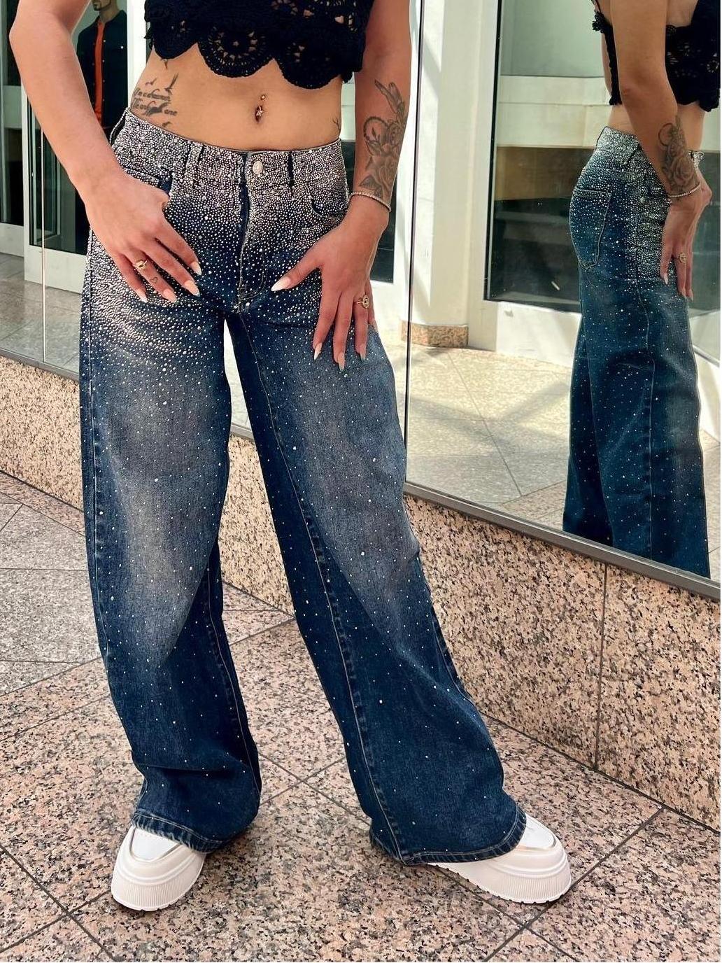 Wide Leg  Strass Glitter Sparkly High Waist  Jeans