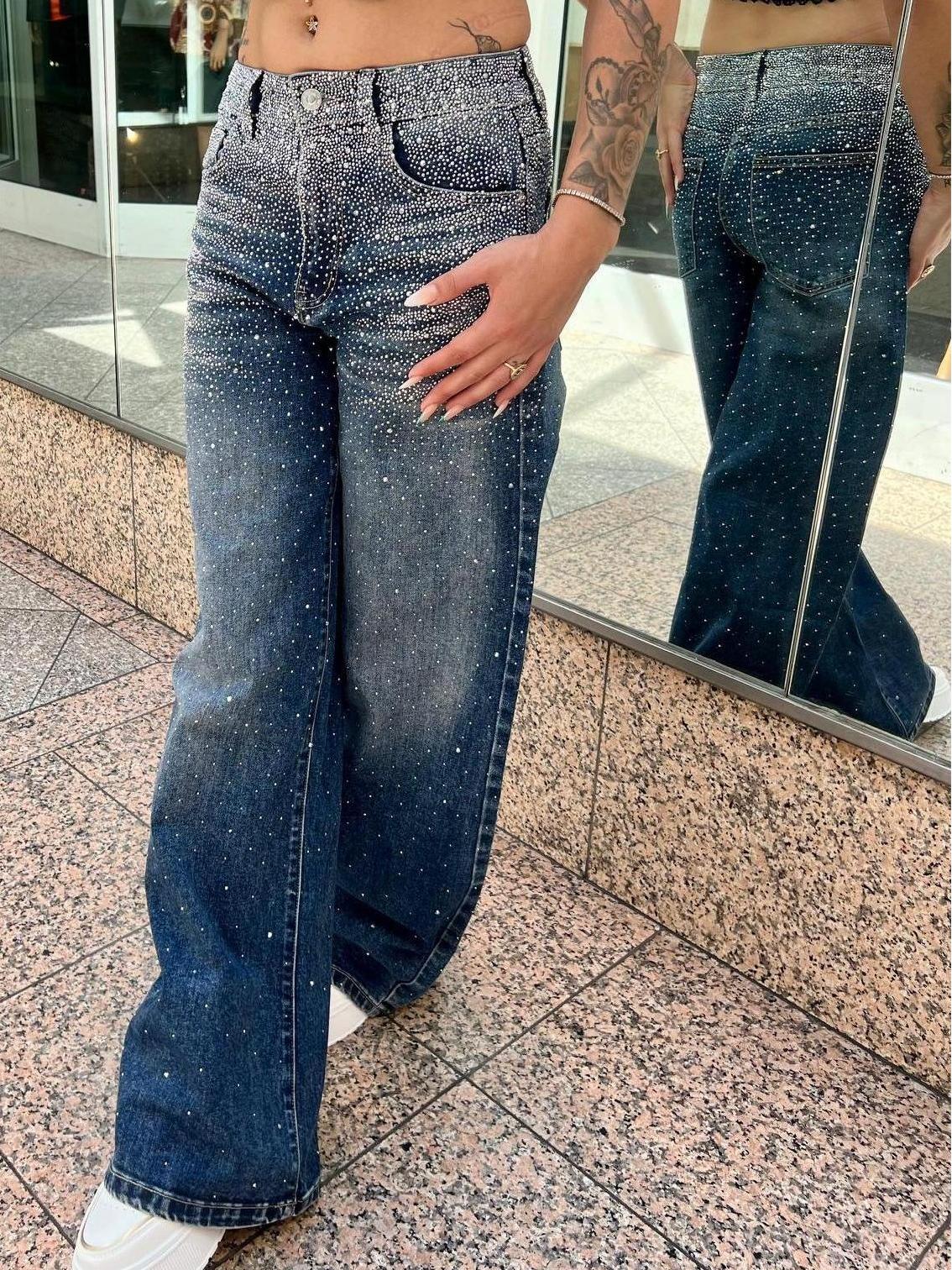 Wide Leg  Strass Glitter Sparkly High Waist  Jeans