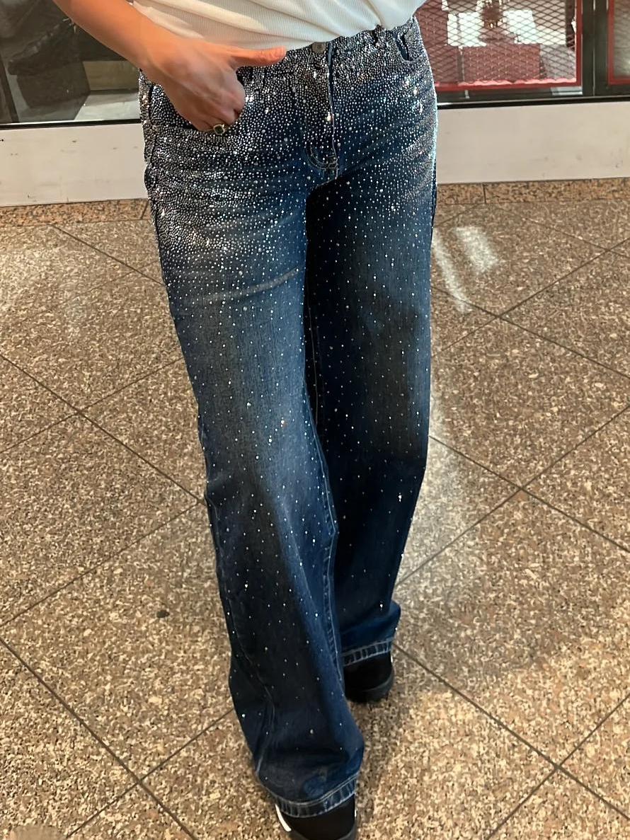 Wide Leg  Strass Glitter Sparkly High Waist  Jeans