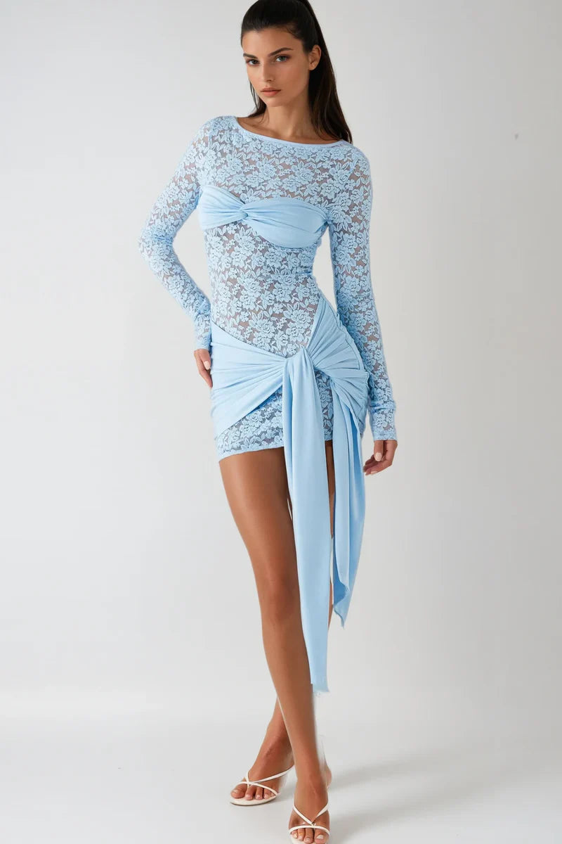 Chic Bow - Accent Sheer Lace Mini Dress