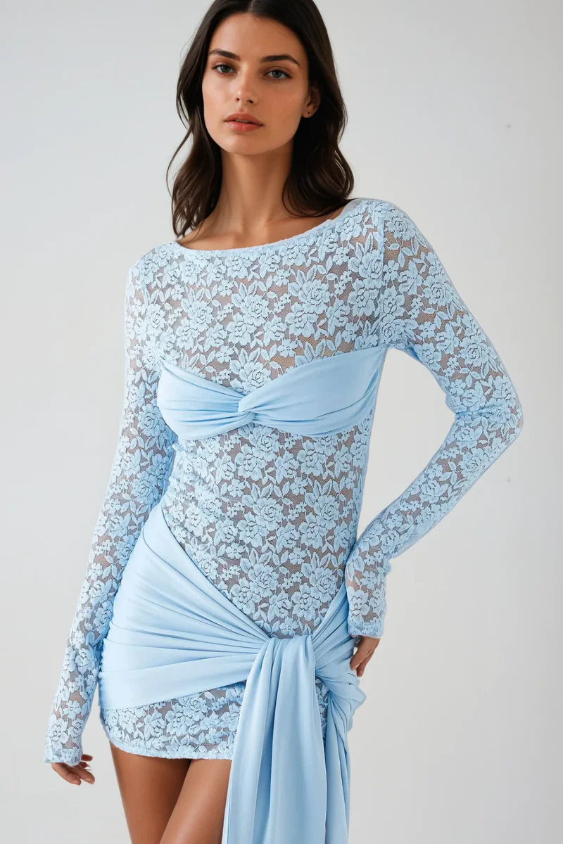 Chic Bow - Accent Sheer Lace Mini Dress