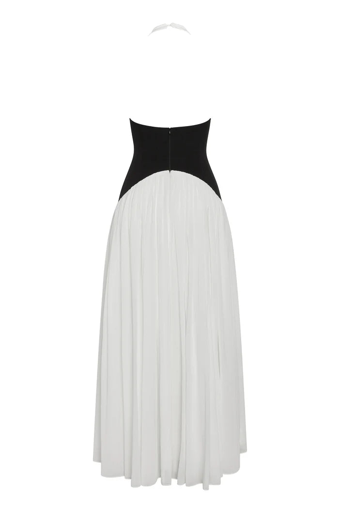 Chic Black & White Halter Maxi Dress