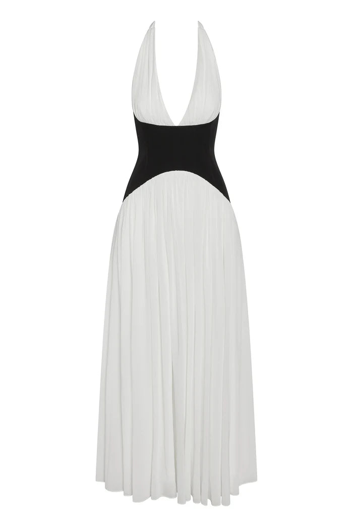 Chic Black & White Halter Maxi Dress