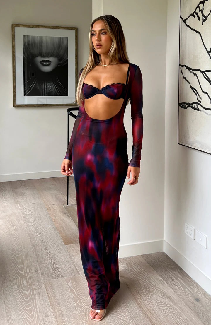 Sheer Mesh Cutout Bodycon Maxi Dress