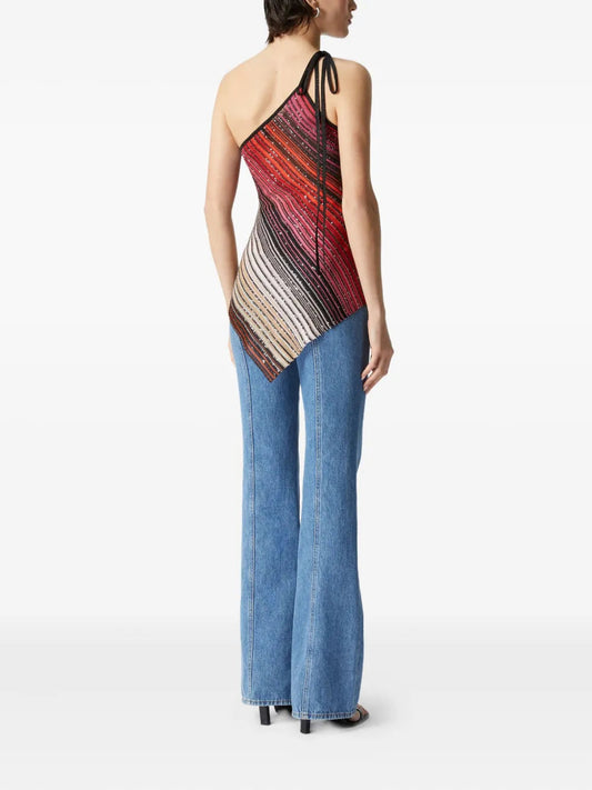 Asymmetric Hem Striped One Shoulder Top