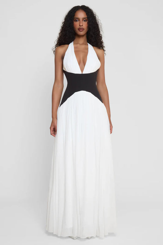 Chic Black & White Halter Maxi Dress
