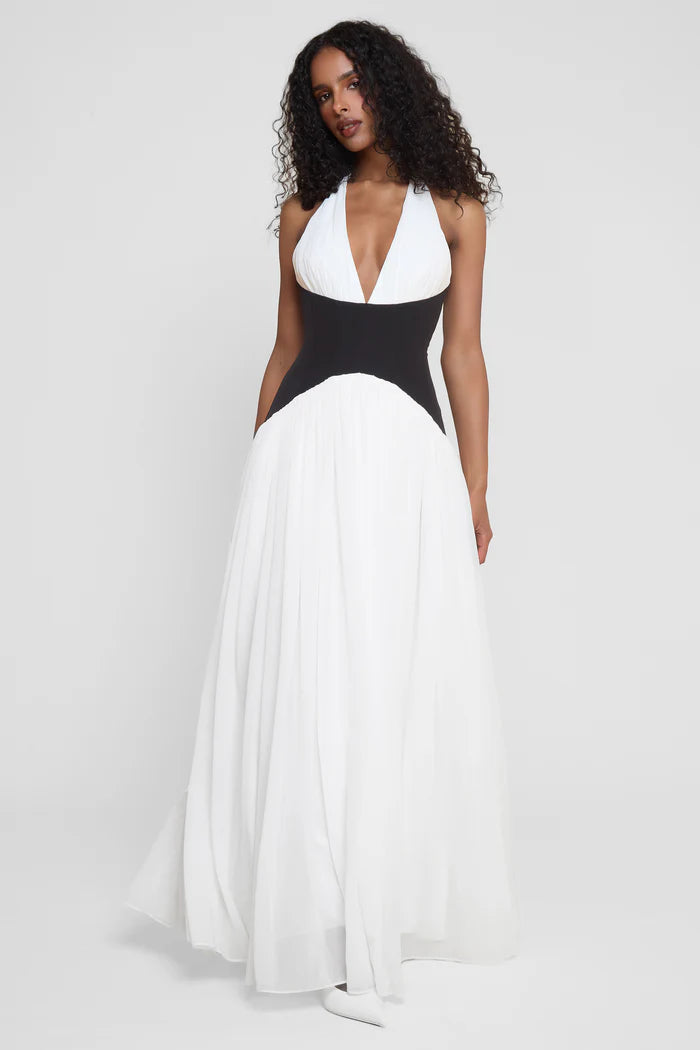 Chic Black & White Halter Maxi Dress