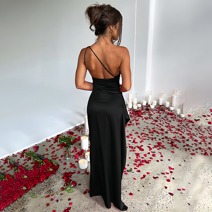 Women's sexy one-shoulder satin long dress