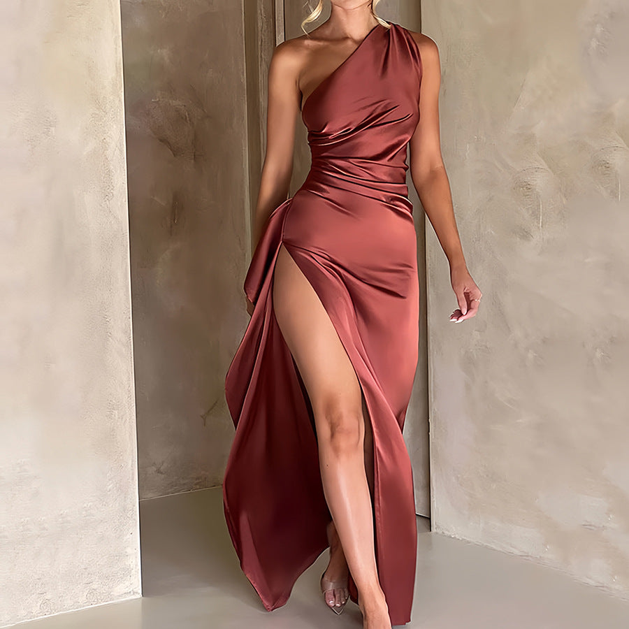Women's sexy one-shoulder satin long dress