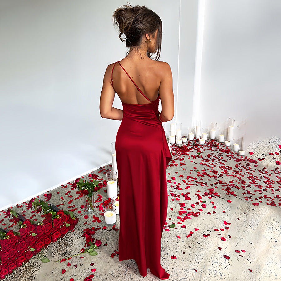 Women's sexy one-shoulder satin long dress
