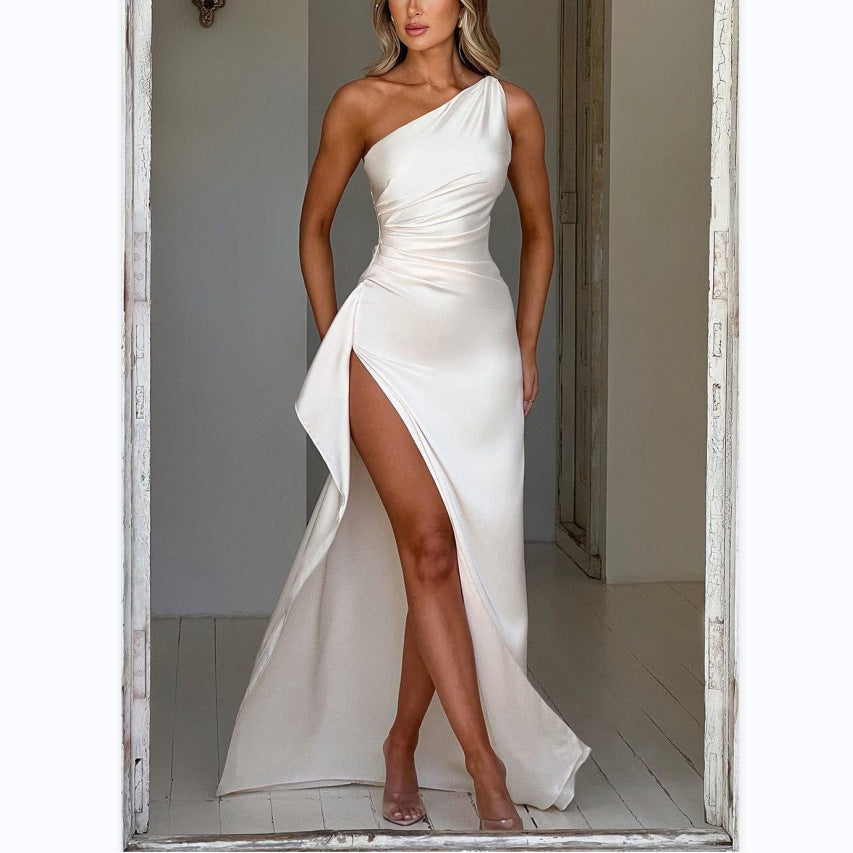 Women's sexy one-shoulder satin long dress