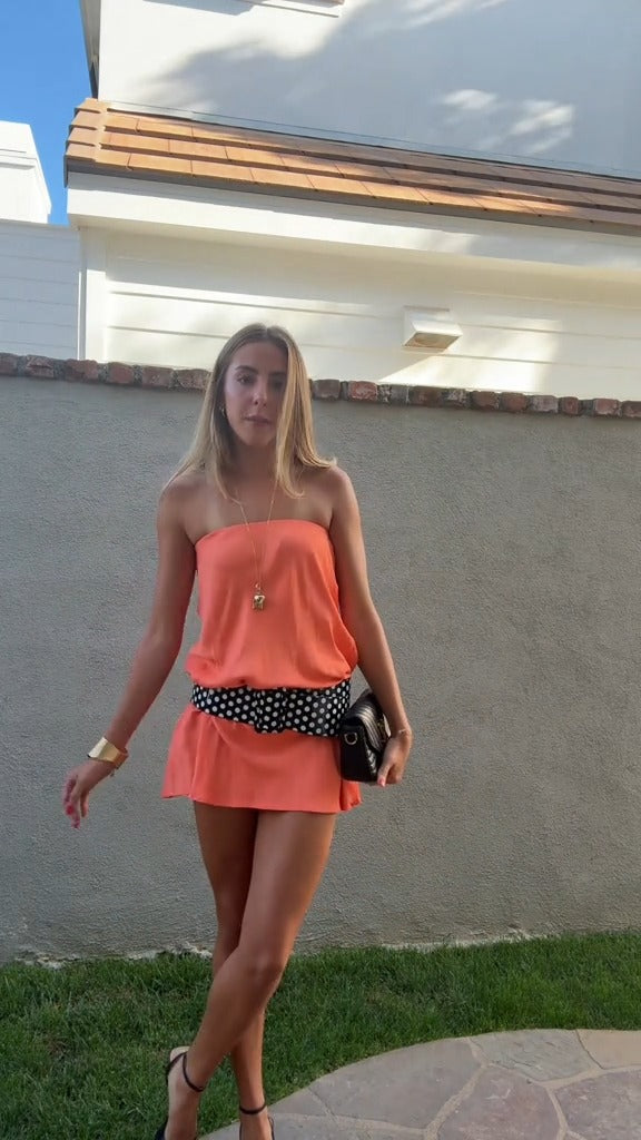 Strapless Coral Dress with Polka Dot Belt