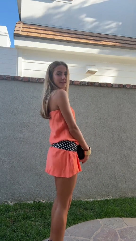 Strapless Coral Dress with Polka Dot Belt