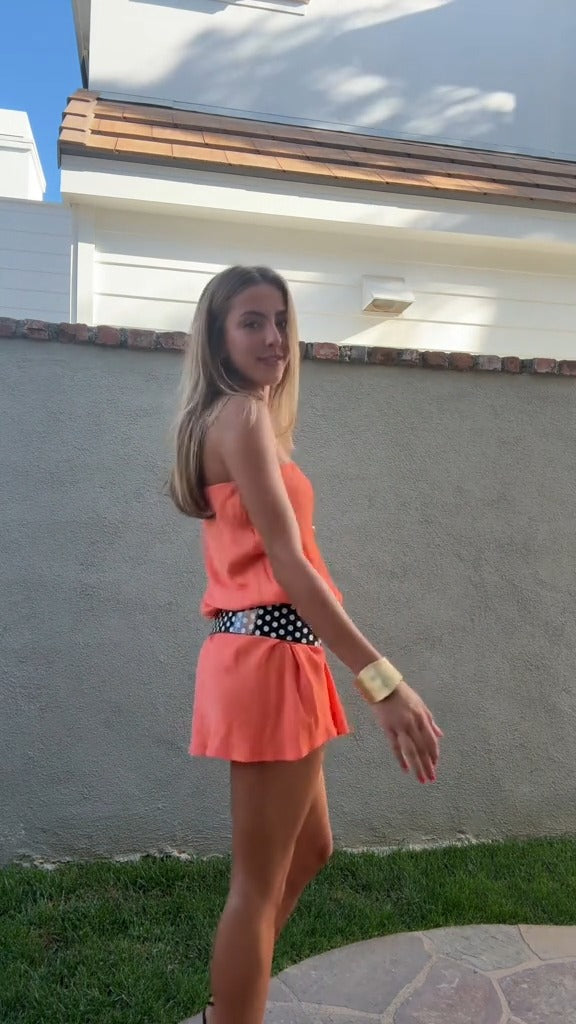 Strapless Coral Dress with Polka Dot Belt