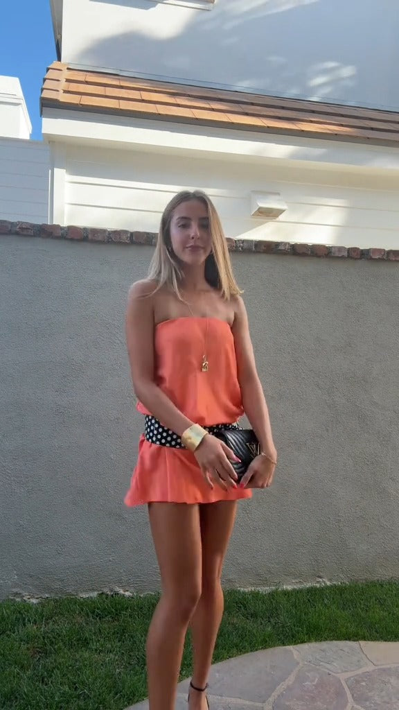 Strapless Coral Dress with Polka Dot Belt