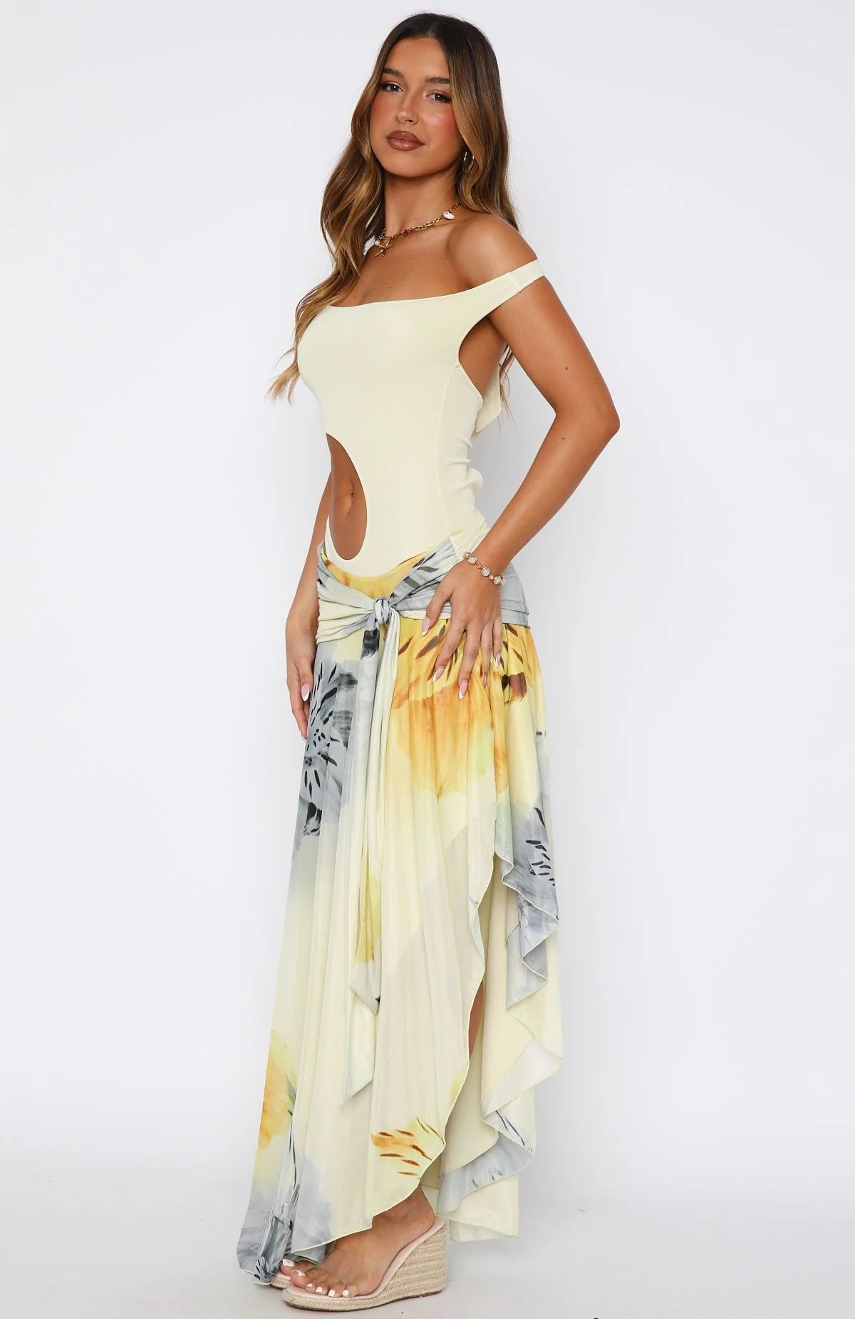 Lemon Bloom Strapless Ruffle Maxi Dress