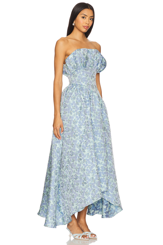 Romantic Strapless Floral Asymmetric Maxi Dress
