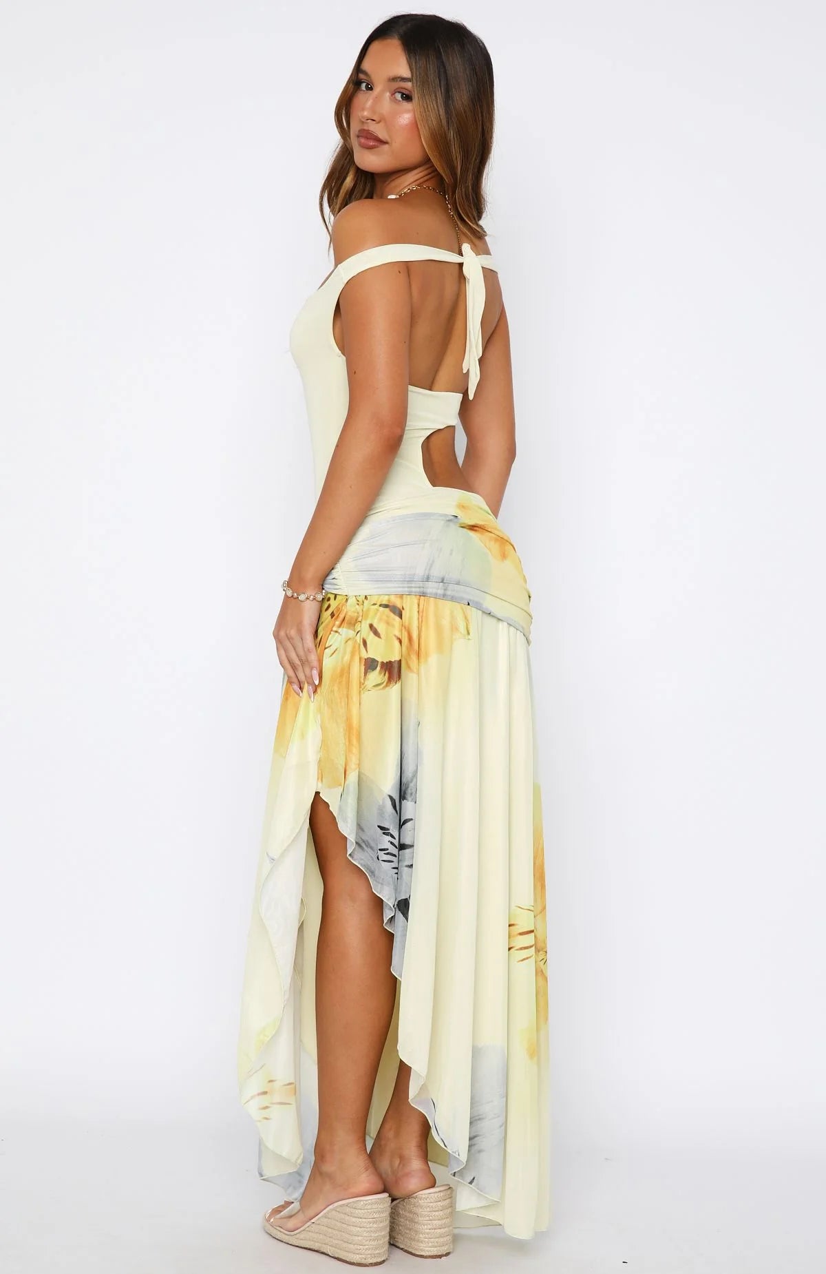 Lemon Bloom Strapless Ruffle Maxi Dress