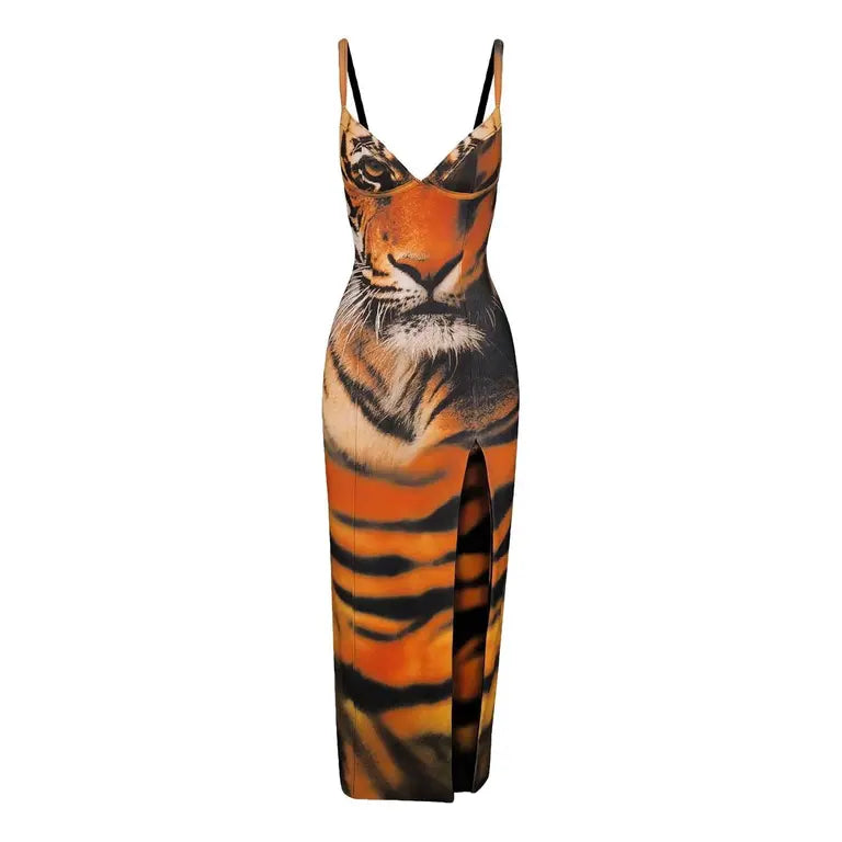 Wild Tiger Print Spaghetti Strap Dress